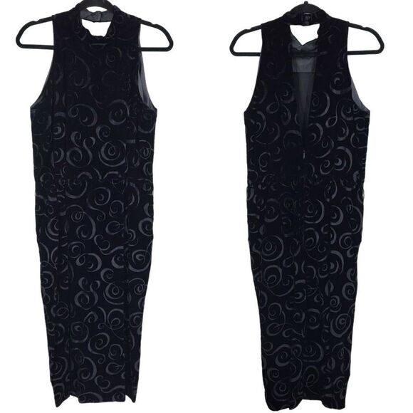 Vintage 80s Black Burnout Velvet Gown 10 Sleeveless Open Back Chocker Midi Swirl - Picture 2 of 15